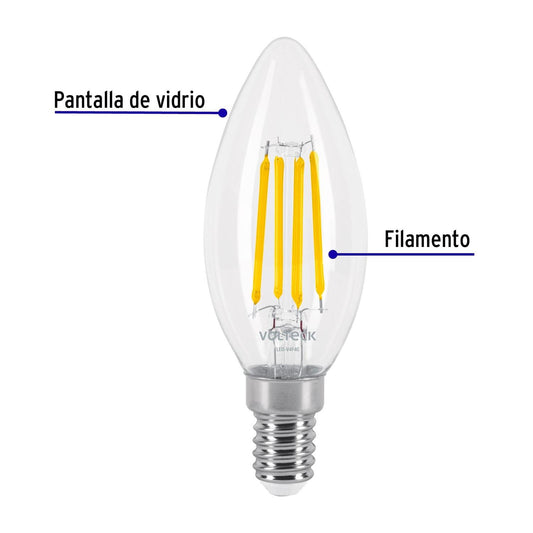 Lámpara LED tipo vela 4 W con filamento base E14 luz cálida, Volteck 48254