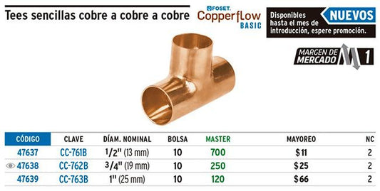 Tee de cobre sencilla, 1/2', Basic Foset 47637