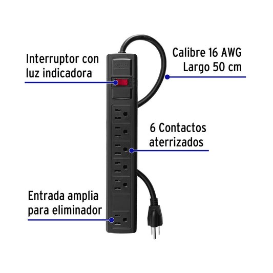 Multicontacto 16 AWG doméstico con 6 entradas, negro, Volteck 49859