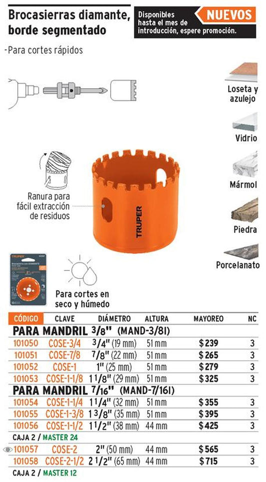 Brocasierra diamante, borde segmentado 1-1/8' Truper 101053
