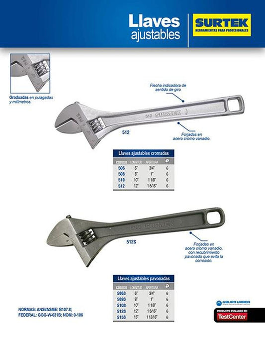 Llave ajustable 12" pavonada Surtek 512S