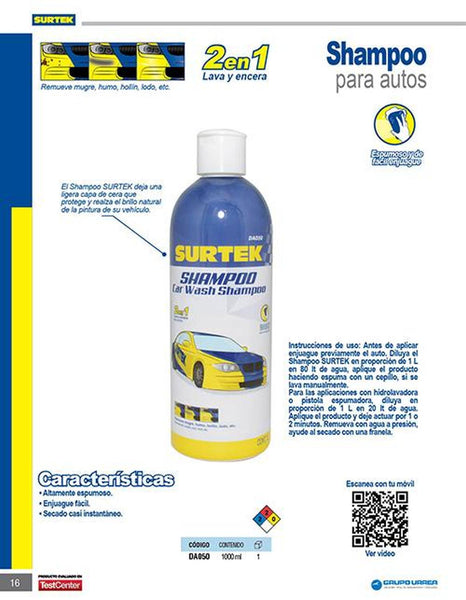 Shampoo 1 lt (100 lt de agua/50 carros) Surtek DA050