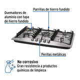 Parrilla de gas empotrable 5 quemadores, acero inox, , Foset 48407