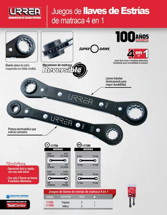 Juego de 2 llaves de matraca 4 en 1, métricas Urrea 1170M