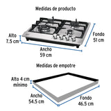 Parrilla de gas empotrable 4 quemadores, acero inox, Foset 48406