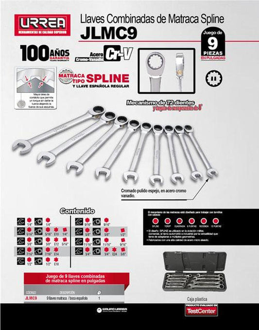 Juego de 9 llaves de matraca spline en pulgadas Urrea JLMC9