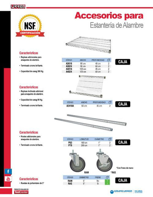 Repisa inclinada adicional para estantería de alambre Urrea A2418A