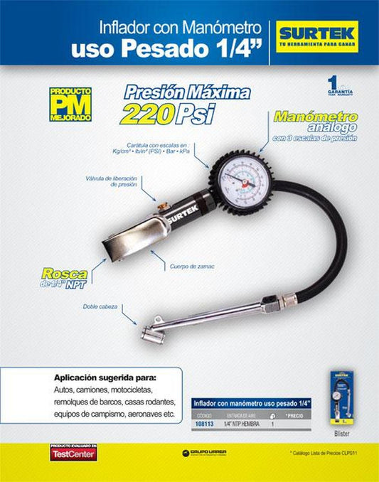 Inflador con calibrador 1/4" NPT Surtek 108113