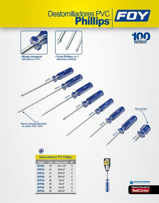 Destornillador mango PVC redonda Phillips® #1 3/16x6" Foy DPP36