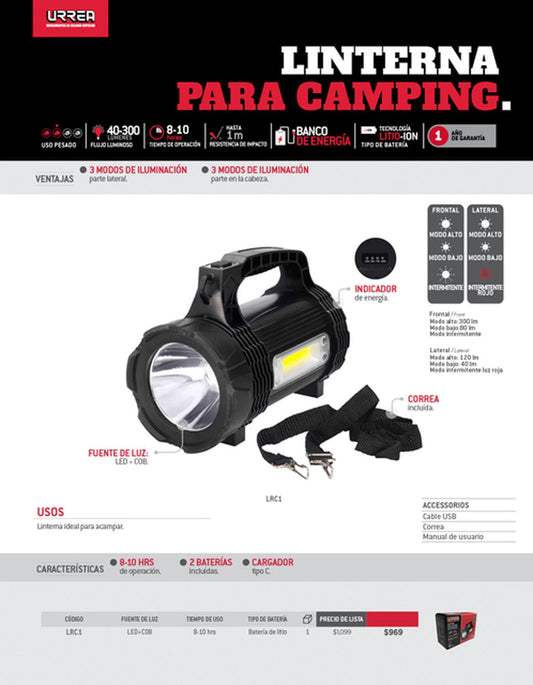 Linterna LED/COB para campamento 40 - 300 lm, Urrea LRC1