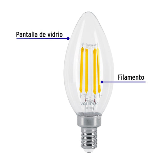 Lámpara LED tipo vela 4 W con filamento base E12 luz cálida, Volteck 48253