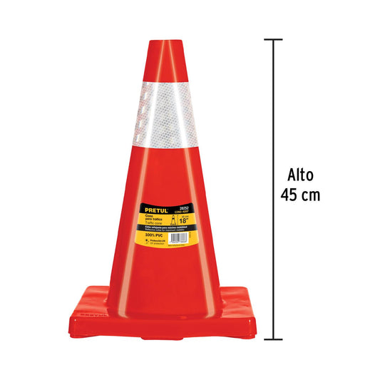 Cono de precaución de 45 cm de PVC con reflejante, Pretul 28252