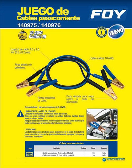 Juego de cables para pasar corriente calibre 10 2.5m Foy 140976