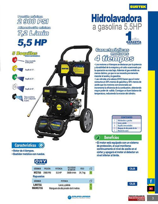 Hidrolavadora gasolina 5.5HP Surtek HG755