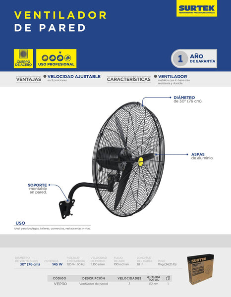 Ventilador de pared 3 velocidades, 30", Surtek VEP30