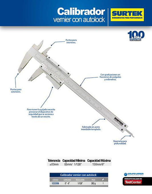 Calibrador pie de rey con autolock Surtek 122206