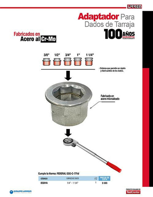 Adaptador dados de tarraja 1/4"-1 1/4" Urrea 850HA