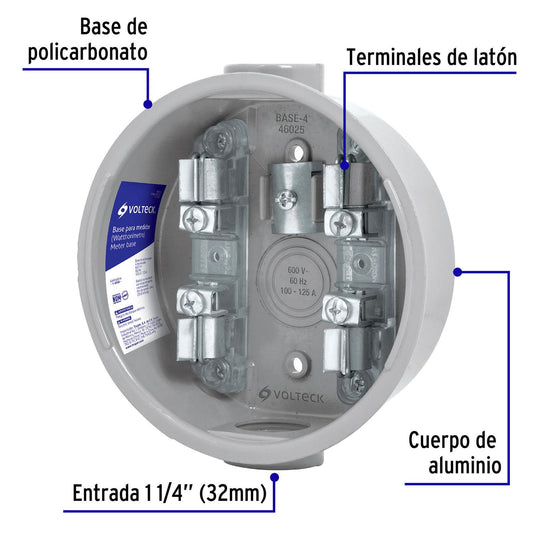 Base para watthorímetro, 4 terminales, Volteck 46025