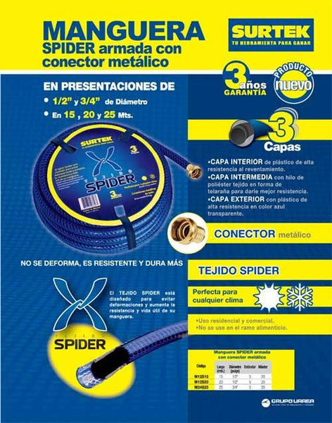 Surtek Manguera Spider 1/2" armada conector metálico 15m M12S15