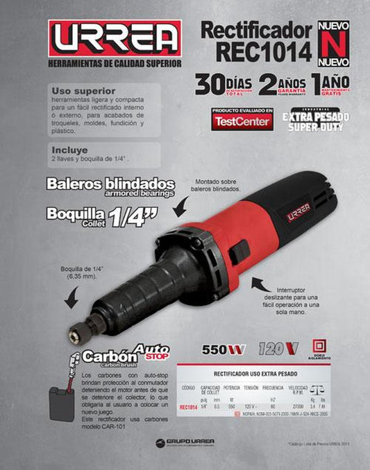 Rectificador 1/4" collet 550W 120V uso extra pesado Urrea REC1014