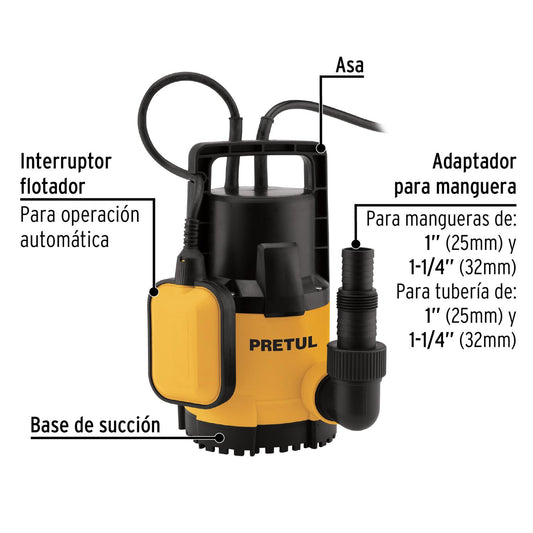 Bomba sumergible plástica 3/4 HP para agua limpia, Pretul 27196