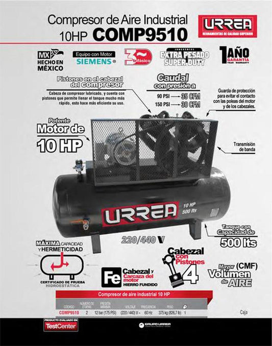 Compresor de aire industri 500lt 10HP 220/440V 3 fases Urrea COMP9510