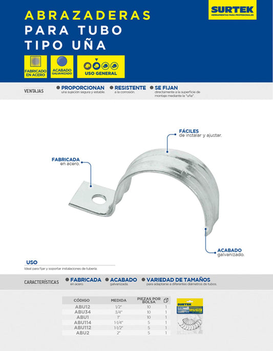 Abrazadera para tubo tipo uña 2", 5 piezas, Surtek ABU2