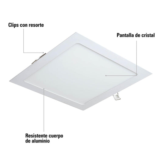 Luminario ultradelgado cuadrado p/empotrar 18W, luz cálida Volteck 47408