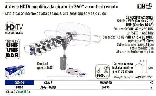 Antena aérea para TV, giratoria 360° con cable coaxial 10m Volteck 48114