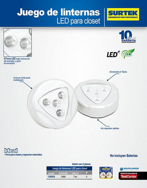 Surtek Lámpara LED para clóset para 3 pilas AAA (2 piezas) 136029