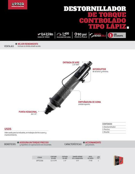 Destornillador neumático de torque controlado tipo lápiz presión URREA UPTC30A