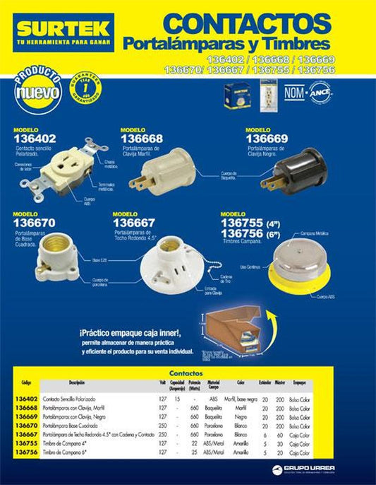 Portalámpara porcelana techo, cadena y ladrón4.5"127V Surtek 136667