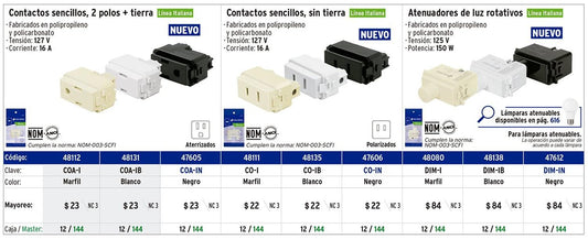 Contacto sencillo, 2polos, sin tierra, línea Italiana,negro Volteck 47606