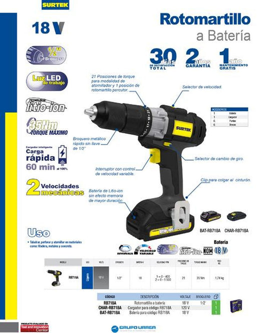 Rotomartillo a batería de 18 V, broquero de 1/2" Surtek RB718A