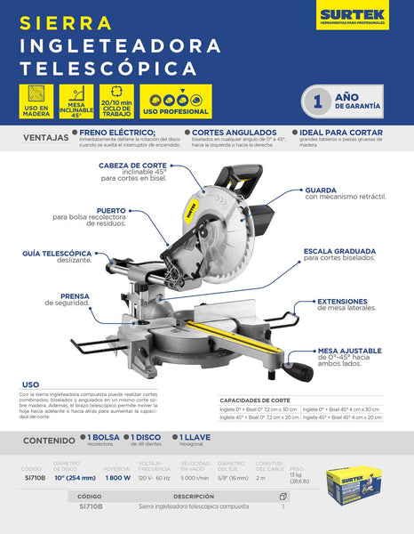 Sierra de inglete telescópica 10" 1800 W, Surtek SI710B