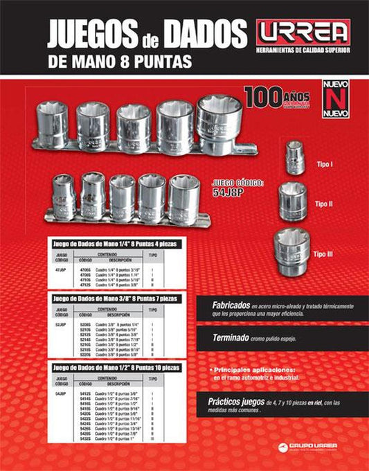 Juego de 10 dados 1/2" 8 puntas en riel Urrea 54J8P