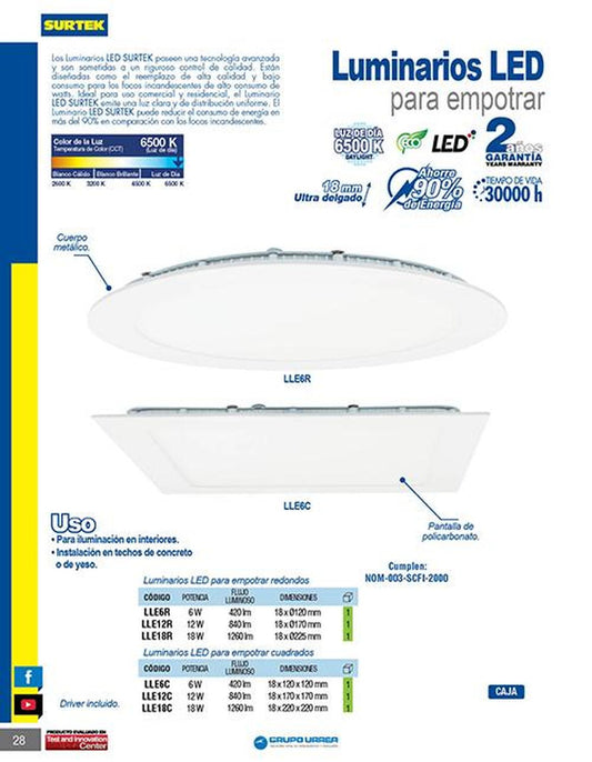 Luminario empotrado cuad 6W Surtek LLE6C