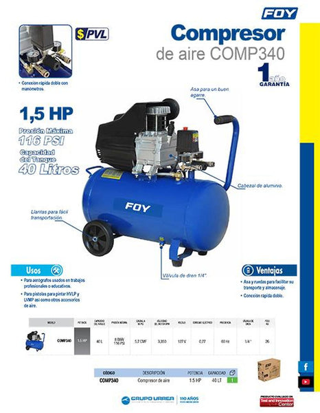 Compresor de aire de 40 litros y potencia de 1,5 HP Foy COMP340