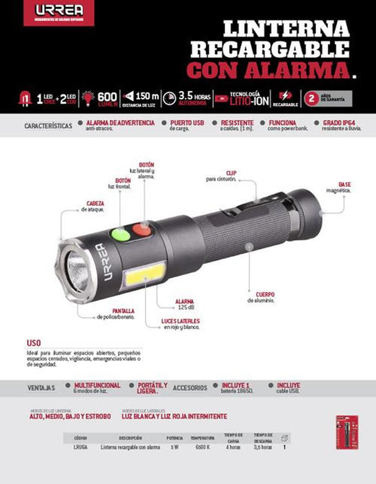 Linterna recargable 600lm alar Urrea. LRU6A