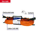 Extensión eléctrica uso rudo 15 m 2x16 AWG para 1 clavija, Volteck 40191