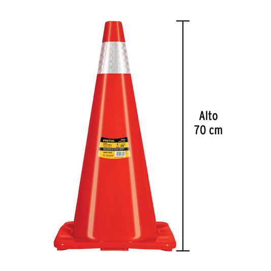 Cono de precaución de 70 cm de PVC con reflejante, Pretul 28254