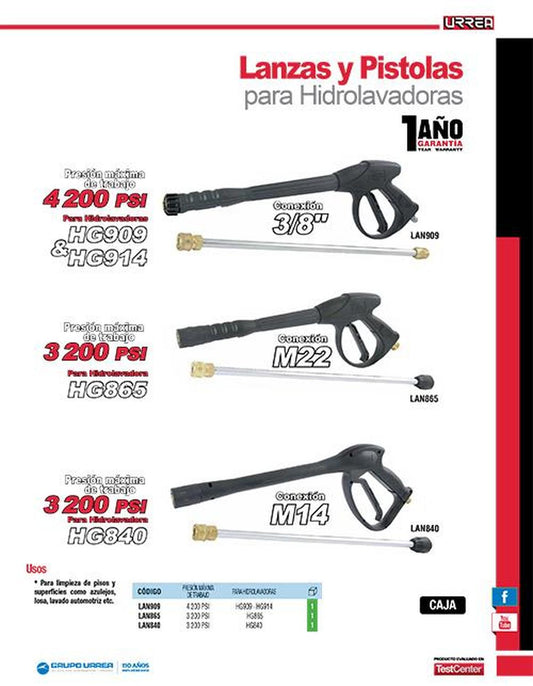 Lanza y pistola p/hidro HG840 Urrea LAN840