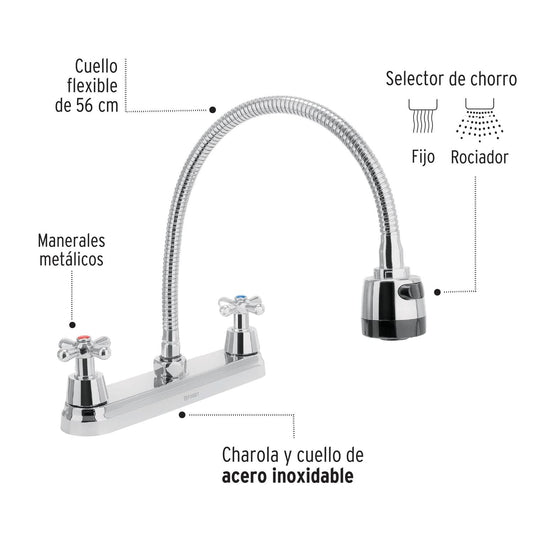 Mezcladora inox 8' p/fregadero, flexible, cruceta, Foset 49819