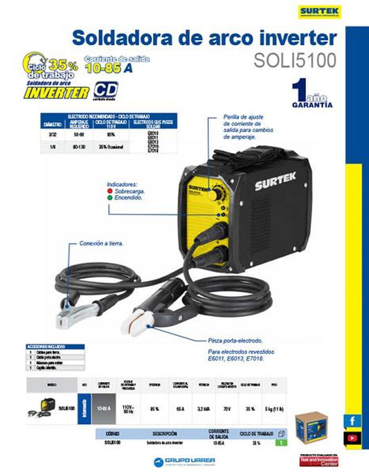 Soldadora de arco inverter bivoltaje 110/220V~ Surtek SOLI5140-BV