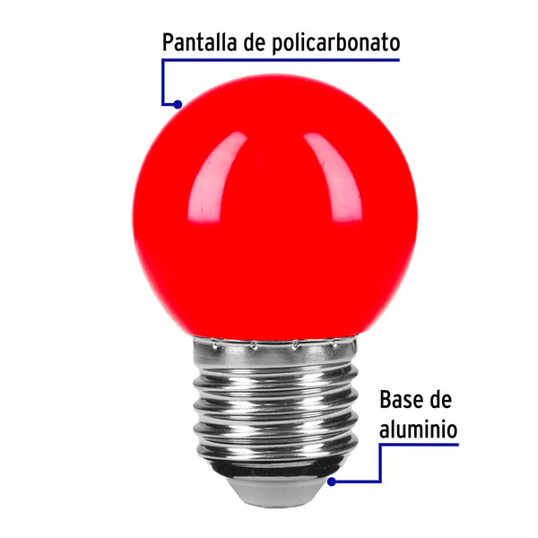 Lámpara LED tipo bulbo G45 1 W color rojo, caja, Volteck 46029