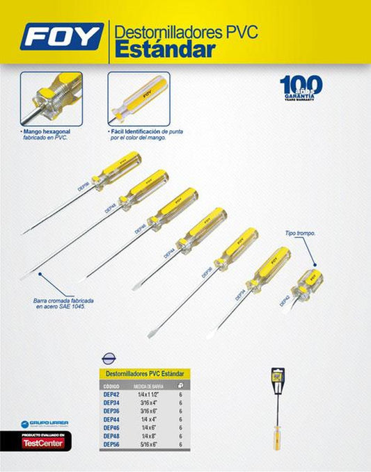 Destornillador mango PVC barra redonda pta plana 1/4x6" Foy DEP46