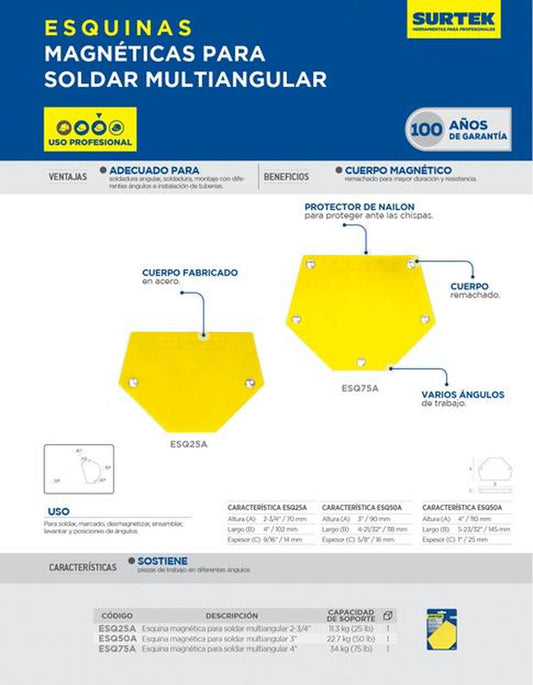 Esquina magnética para soldar multiangular 4", 25lb ESQ25A Surtek