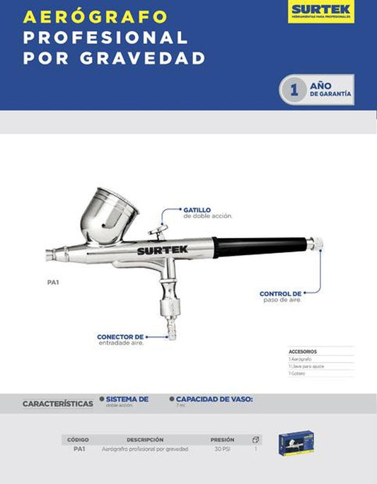 Aerógrafo profesional por gravedad con presión de trabajo de 30 psi. Capacidad de vaso de 7 ml, sist