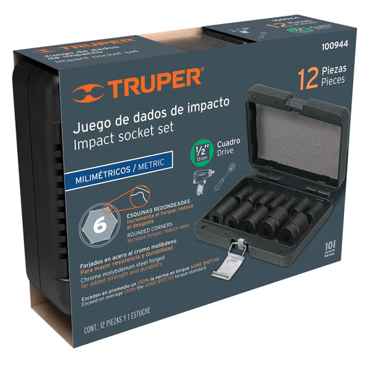 Juego 12 dados 1/2' impacto protección plástica 6p mm, Truper 100944