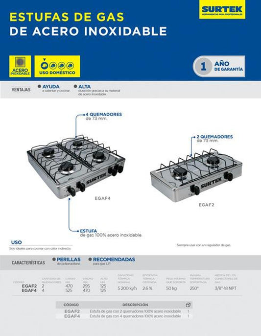 Estufa de gas con 2 quemadores 100% acero inoxidable Surtek EGAF2